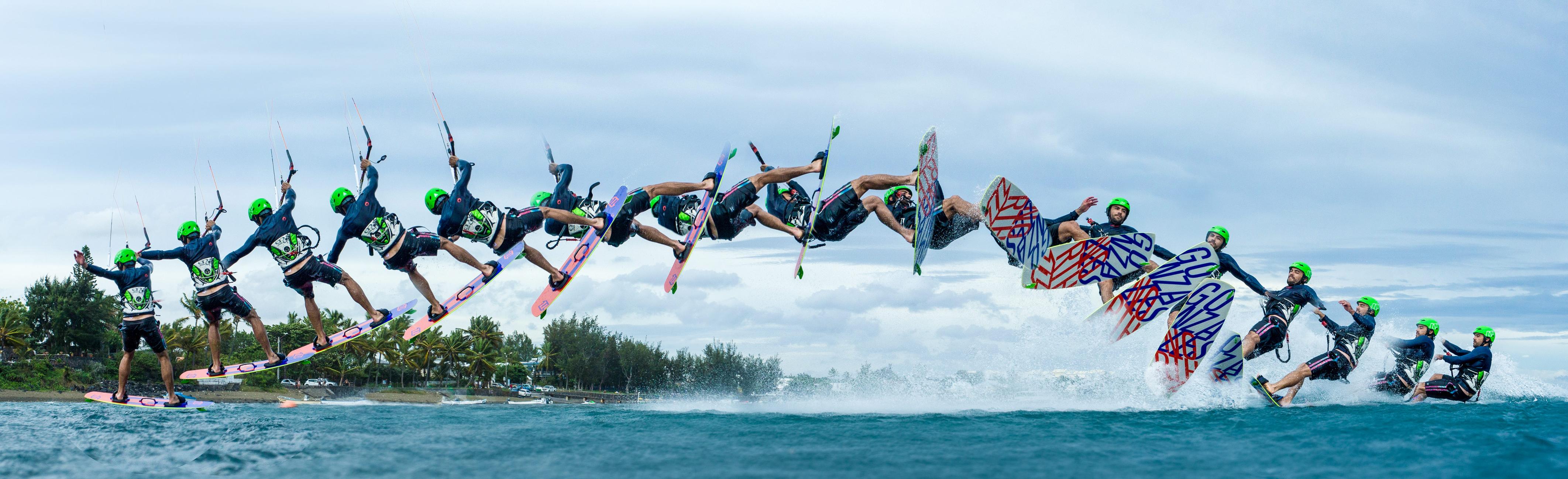 Séquence de saut en kitesurf sur le lagon, prise de vue panoramique